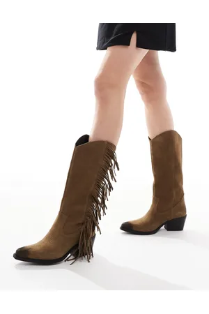 Pull&Bear Boho tassle suede western boots in tan