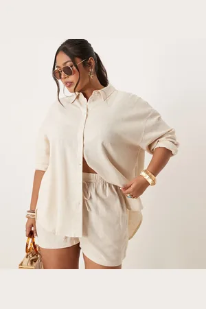 ASOS Curve oversized long sleeve shirt with linen co-ord in stone