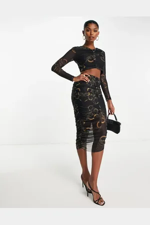 AllSaints Tessia Tempest co-ord rouched mesh midi skirt in deep green