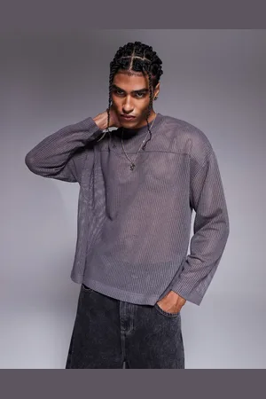 ASOS Boxy oversized long sleeve t-shirt with dropped shoulder in charcoal open mesh