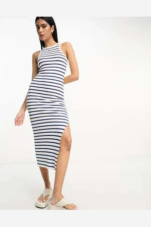 ASOS Knitted racer midi dress in stripe in navy and