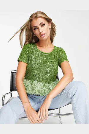 Jaded Rose Short sleeve crop top with faux feather trim in lime sequin co-ord