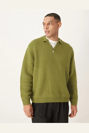 ASOS Oversized brushed knitted notch polo in khaki
