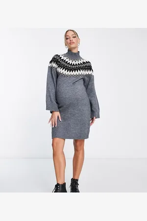 Mama;licious Mamalicious Maternity fairisle knitted jumper dress in grey