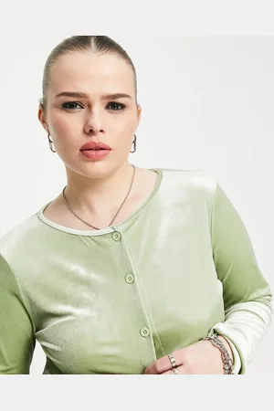 Daisy Street Cropped button front cardigan in stretch velvet sage co-ord
