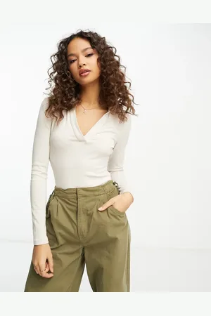 Glamorous Long sleeve ribbed bodysuit with collar in oatmeal