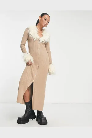 River Island Faux fur cardigan midi dress in light
