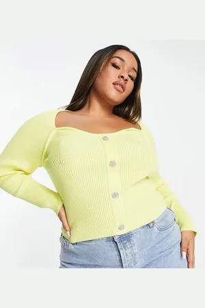 Urban Bliss Plus sweetheart neckline knitted top with button detail in yellow