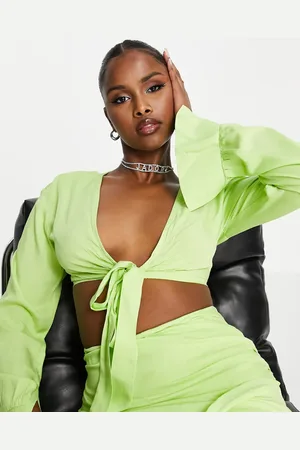 Missyempire Linen look tie front crop top co-ord in lime