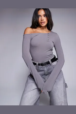 ASOS One shoulder scoop neck button top in charcoal