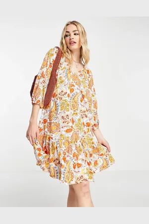 VILA Mini smock dress in white and orange paisley print