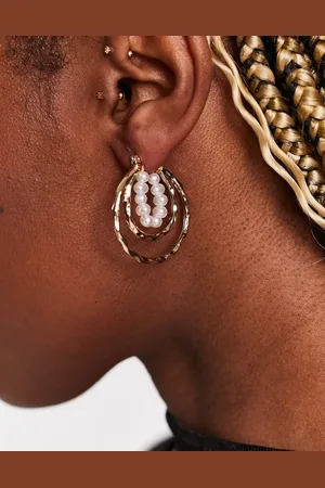 DesignB London Triple row pearl detail hoop earrings in