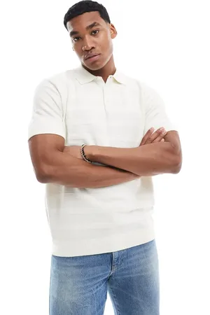 Threadbare Knitted stripe polo in ecru
