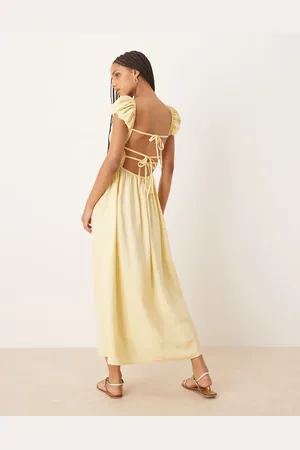 ASOS Square neck short sleeve midi dress with cinched channel waist in butter yellow