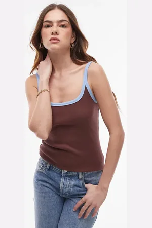 Topshop Contrast rib scoop skinny strap vest in choc and blue