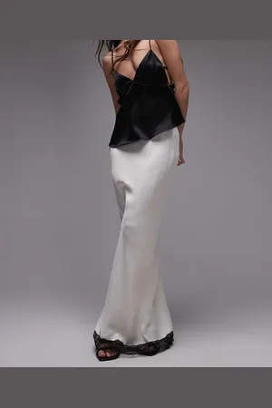 Topshop Satin bias maxi skirt in ivory with black lace