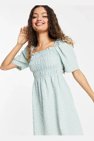VILA Midi dress with shirring and square neck in gingham