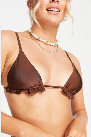 Topshop Shiny frill triangle bikini top in chocolate