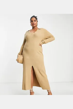 Pretty Lavish V-neck knit midi dress in beige