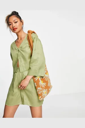 Aligne Linen cropped jacket co-ord in khaki - MGREEN