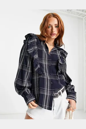 VILA Long sleeve button down shirt with shoulder ruffles in check