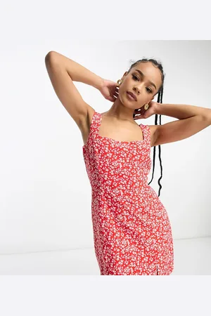 Glamorous 90s square neck fitted mini dress in red leaf floral