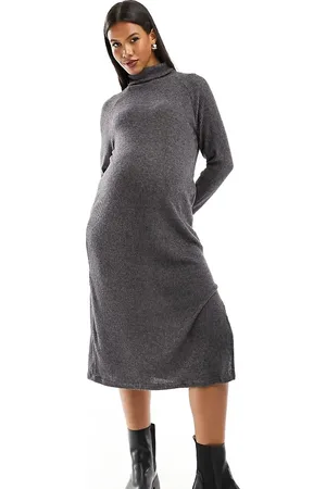 Mama;licious Mamalicious Maternity roll neck ribbed midi jumper dress in dark melange