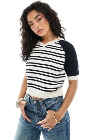 ASOS Compact knitted football polo top in navy stripe