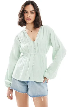 ASOS Long sleeve smock top with button front in sage