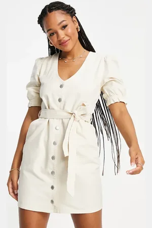 Miss Selfridge Denim puff sleeve dress in ivory