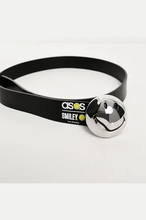 ASOS Smiley Collab faux leather belt with warped buckle in