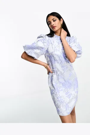 SELECTED Femme jacquard mini dress with puff sleeves in lilac floral