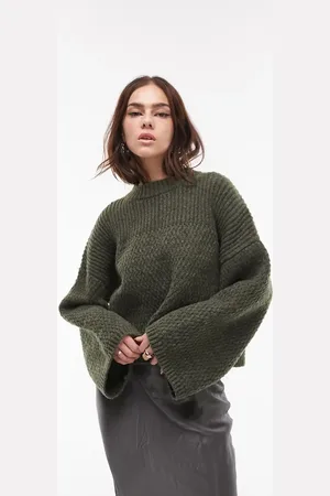 Topshop Knitted mix stich wide sleeve crew jumper in olive