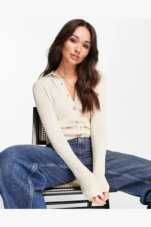 SELECTED Femme knitted button through polo cardigan in sand