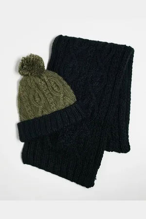 French Connection Two colour cable hat and scarf set in and khaki