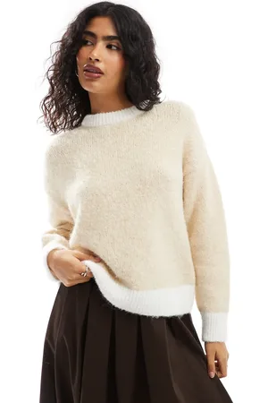 ASOS Wool blend fluffy knitted jumper in buttermilk with contrast ecru