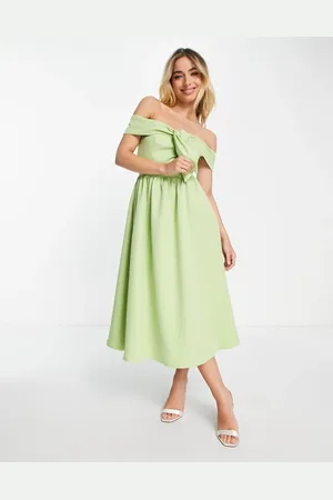 Little Mistress Bow front off shoulder dress in pale