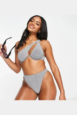 South Beach Mix & match underwire one shoulder bikini top in metallic