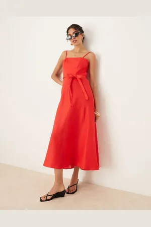 MANGO 100% linen square neck midi dress with belt detail in