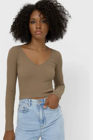 Stradivarius V-neck ribbed seamless top in mushroom