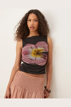 ASOS Floral placement slash neck mesh top in