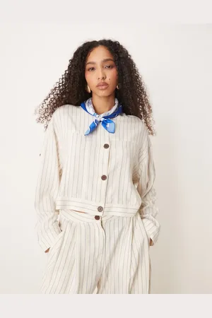 AWARE Linen touch buttondown top co-ord in white pinstripe