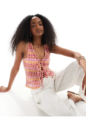 Pieces® Crochet sleeveless tie front top in and orange stripe