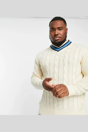 Le Breve Plus cable knit chunky contrast v neck jumper in ecru