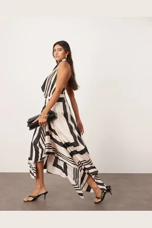 ASOS Satin halterneck layered midi dress in irregular stripe print