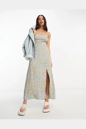 Miss Selfridge Strappy lace back maxi slip dress in blue ditsy