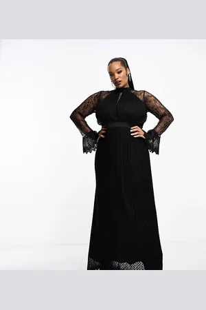 TFNC Pleated lace maxi dress with scallop and lace details in black