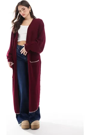 Miss Selfridge Pink and burgundy contrast blanket stitch maxi cardigan