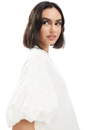 Miss Selfridge Broderie puff sleeve t-shirt in