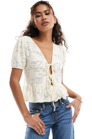 Miss Selfridge Lace puff short sleeve tie front top in light beige